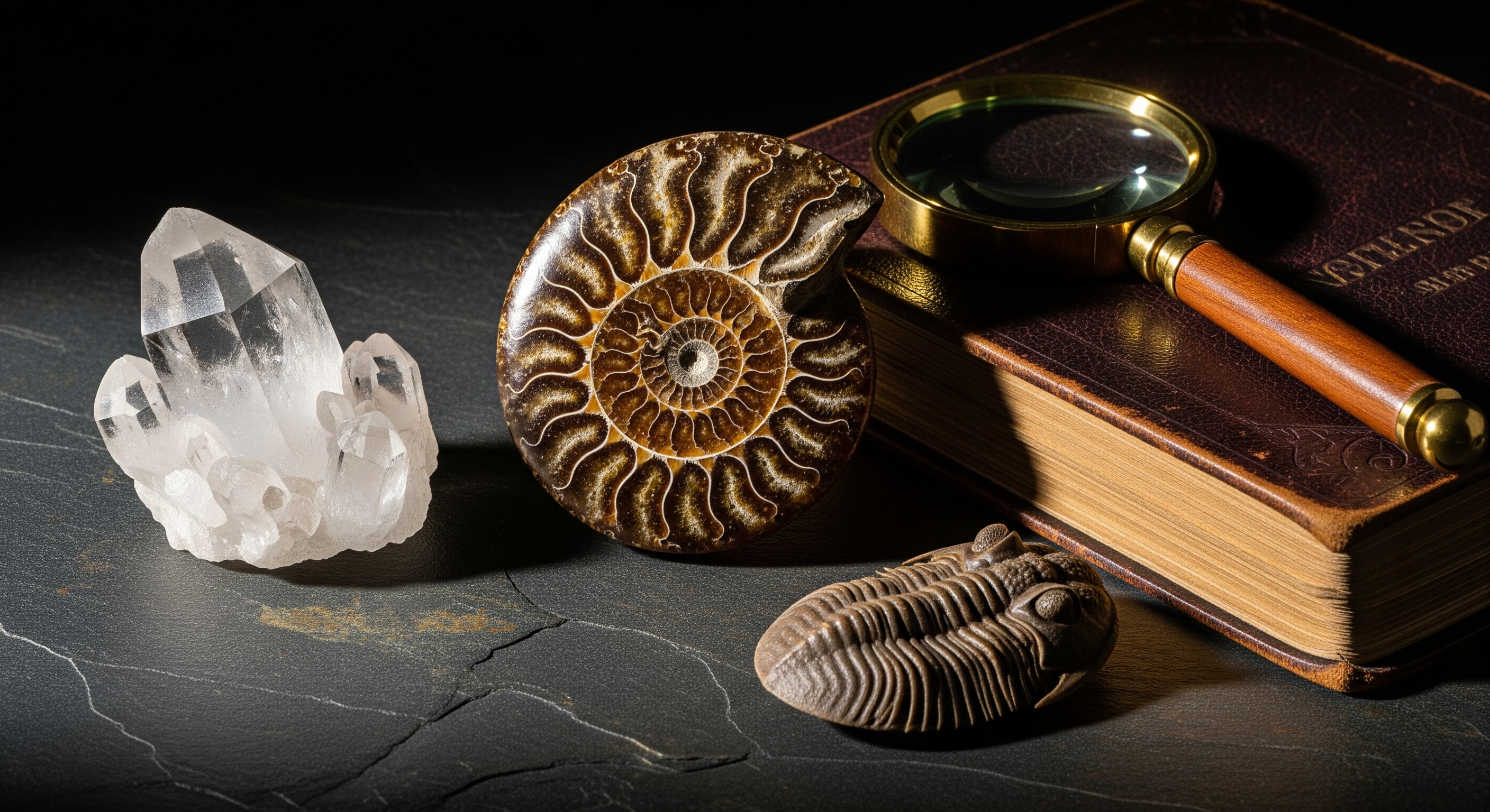 Ammonite with magnifying glass and notebook